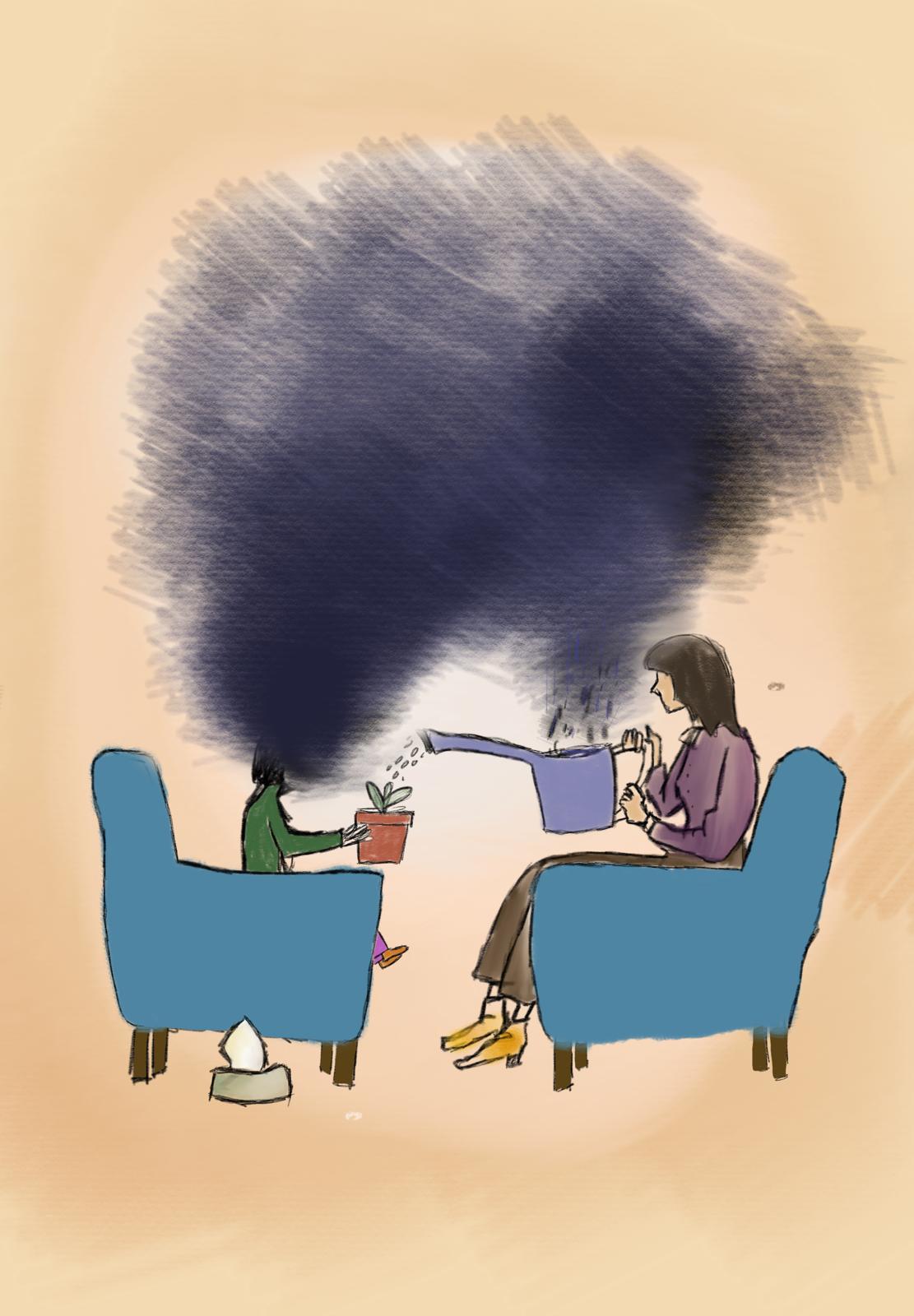 Aquarell-Illustration: Therapeutische Begegnung in zwei Sesseln